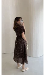 Eclipse Beli Pileli Puantiye Desen Bağcıklı Düğmeli Elbise - Kahverengi - Kod: 3083