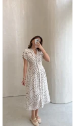 Eclipse Beli Pileli Puantiye Desen Bağcıklı Düğmeli Elbise - Ekru - Kod: 3083