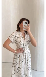 Eclipse Beli Pileli Puantiye Desen Bağcıklı Düğmeli Elbise - Ekru - Kod: 3083