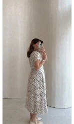 Eclipse Beli Pileli Puantiye Desen Bağcıklı Düğmeli Elbise - Ekru - Kod: 3083