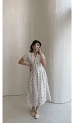 Eclipse Beli Pileli Puantiye Desen Bağcıklı Düğmeli Elbise - Ekru - Kod: 3083