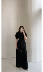 Noir Bel Detay Balon Kol Vatkalı Düğmeli Takım - Siyah