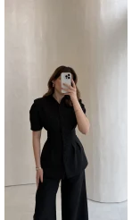 Noir Bel Detay Balon Kol Vatkalı Düğmeli Takım - Siyah
