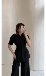 Noir Bel Detay Balon Kol Vatkalı Düğmeli Takım - Siyah