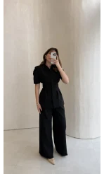 Noir Bel Detay Balon Kol Vatkalı Düğmeli Takım - Siyah