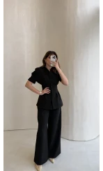 Noir Bel Detay Balon Kol Vatkalı Düğmeli Takım - Siyah