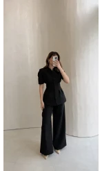 Noir Bel Detay Balon Kol Vatkalı Düğmeli Takım - Siyah