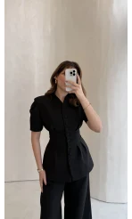 Noir Bel Detay Balon Kol Vatkalı Düğmeli Takım - Siyah