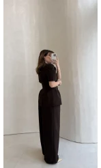 Noir Bel Detay Balon Kol Vatkalı Düğmeli Takım - Acı Kahve