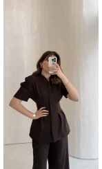 Noir Bel Detay Balon Kol Vatkalı Düğmeli Takım - Acı Kahve