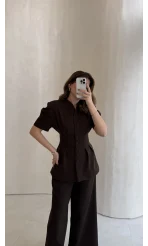 Noir Bel Detay Balon Kol Vatkalı Düğmeli Takım - Acı Kahve