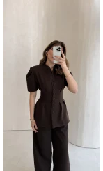 Noir Bel Detay Balon Kol Vatkalı Düğmeli Takım - Acı Kahve