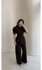 Noir Bel Detay Balon Kol Vatkalı Düğmeli Takım - Acı Kahve