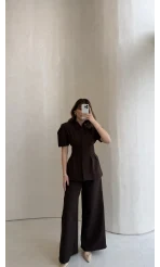 Noir Bel Detay Balon Kol Vatkalı Düğmeli Takım - Acı Kahve