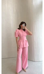 Noir Bel Detay Balon Kol Vatkalı Düğmeli Takım - Pembe