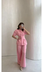 Noir Bel Detay Balon Kol Vatkalı Düğmeli Takım - Pembe