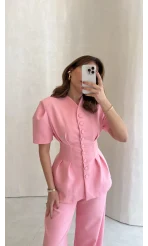 Noir Bel Detay Balon Kol Vatkalı Düğmeli Takım - Pembe