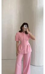 Noir Bel Detay Balon Kol Vatkalı Düğmeli Takım - Pembe