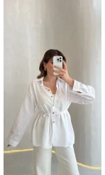 Arkası Pile Detay Bağcıklı Pamuklu Gömlek - Beyaz - Kod: 2206