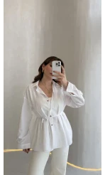 Arkası Pile Detay Bağcıklı Pamuklu Gömlek - Beyaz - Kod: 2206