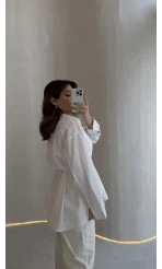 Arkası Pile Detay Bağcıklı Pamuklu Gömlek - Beyaz - Kod: 2206