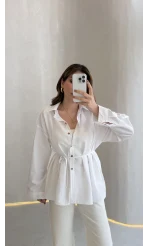 Arkası Pile Detay Bağcıklı Pamuklu Gömlek - Beyaz - Kod: 2206