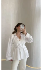 Arkası Pile Detay Bağcıklı Pamuklu Gömlek - Beyaz - Kod: 2206