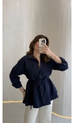 Arkası Pile Detay Bağcıklı Pamuklu Gömlek - Lacivert - Kod: 2206