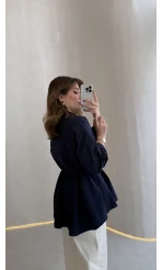 Arkası Pile Detay Bağcıklı Pamuklu Gömlek - Lacivert - Kod: 2206