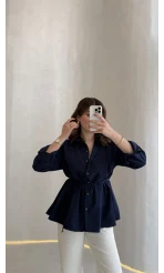 Arkası Pile Detay Bağcıklı Pamuklu Gömlek - Lacivert - Kod: 2206