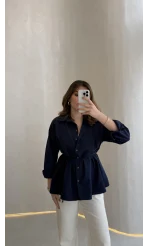 Arkası Pile Detay Bağcıklı Pamuklu Gömlek - Lacivert - Kod: 2206