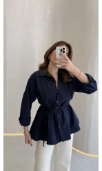 Arkası Pile Detay Bağcıklı Pamuklu Gömlek - Lacivert - Kod: 2206