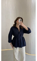 Arkası Pile Detay Bağcıklı Pamuklu Gömlek - Lacivert - Kod: 2206