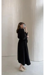 Colosseum Kuşaklı Beli Lastik Detay Düğmeli Elbise - Siyah - Kod: 3079