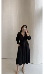 Colosseum Kuşaklı Beli Lastik Detay Düğmeli Elbise - Siyah - Kod: 3079