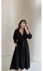 Colosseum Kuşaklı Beli Lastik Detay Düğmeli Elbise - Siyah - Kod: 3079