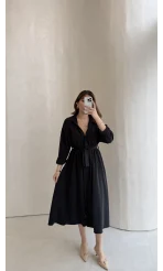 Colosseum Kuşaklı Beli Lastik Detay Düğmeli Elbise - Siyah - Kod: 3079