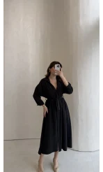 Colosseum Kuşaklı Beli Lastik Detay Düğmeli Elbise - Siyah - Kod: 3079