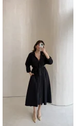 Colosseum Kuşaklı Beli Lastik Detay Düğmeli Elbise - Siyah - Kod: 3079
