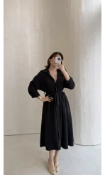 Colosseum Kuşaklı Beli Lastik Detay Düğmeli Elbise - Siyah - Kod: 3079