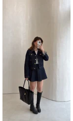 Denim Mini Etek Ceket Takım - Kahve Lacivert - Kod: 0984