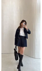 Denim Mini Etek Ceket Takım - Kahve Lacivert - Kod: 0984