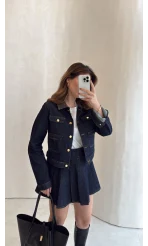 Denim Mini Etek Ceket Takım - Kahve Lacivert - Kod: 0984