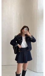 Denim Mini Etek Ceket Takım - Kahve Lacivert - Kod: 0984