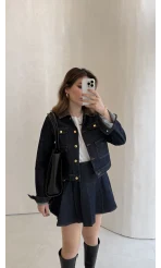 Denim Mini Etek Ceket Takım - Kahve Lacivert - Kod: 0984