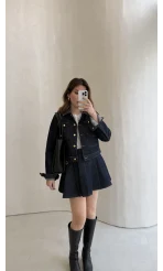 Denim Mini Etek Ceket Takım - Kahve Lacivert - Kod: 0984