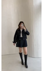 Denim Mini Etek Ceket Takım - Kahve Lacivert - Kod: 0984