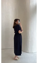 Balon Kol Yırtmaçlı Beli Pileli Pamuk Kumaş Elbise - Lacivert - Kod: 060