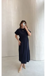 Balon Kol Yırtmaçlı Beli Pileli Pamuk Kumaş Elbise - Lacivert - Kod: 060