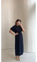 Balon Kol Yırtmaçlı Beli Pileli Pamuk Kumaş Elbise - Lacivert - Kod: 060